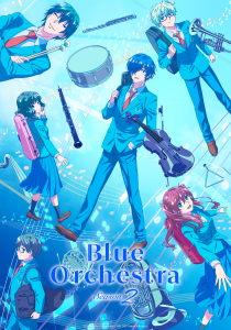 Anime-Cover von 'Blue Orchestra' Staffel 2 mit mehreren Charakteren in Schuluniform, sie halten Musikinstrumente und stehen vor einem blauen Hintergrund mit Noten.