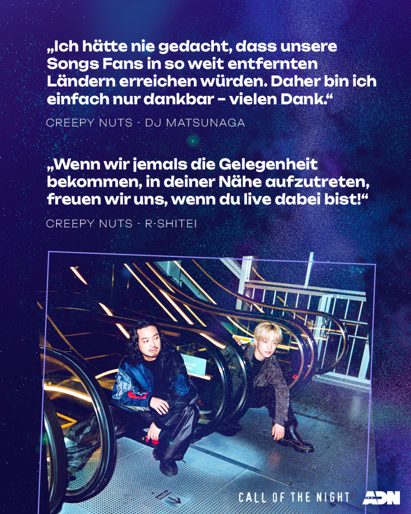 R-Shitei und DJ Matsunaga von Creepy Nuts im Interview mit ADN über seine Songs zu Call of the Night
