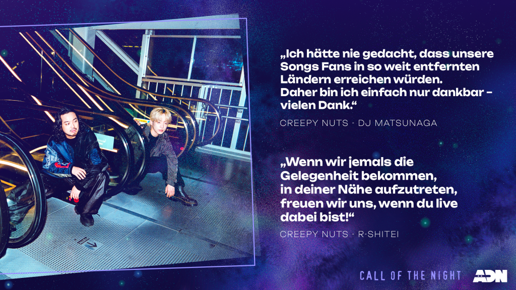 R-Shitei und DJ Matsunaga von Creepy Nuts im Interview mit ADN über seine Songs zu Call of the Night