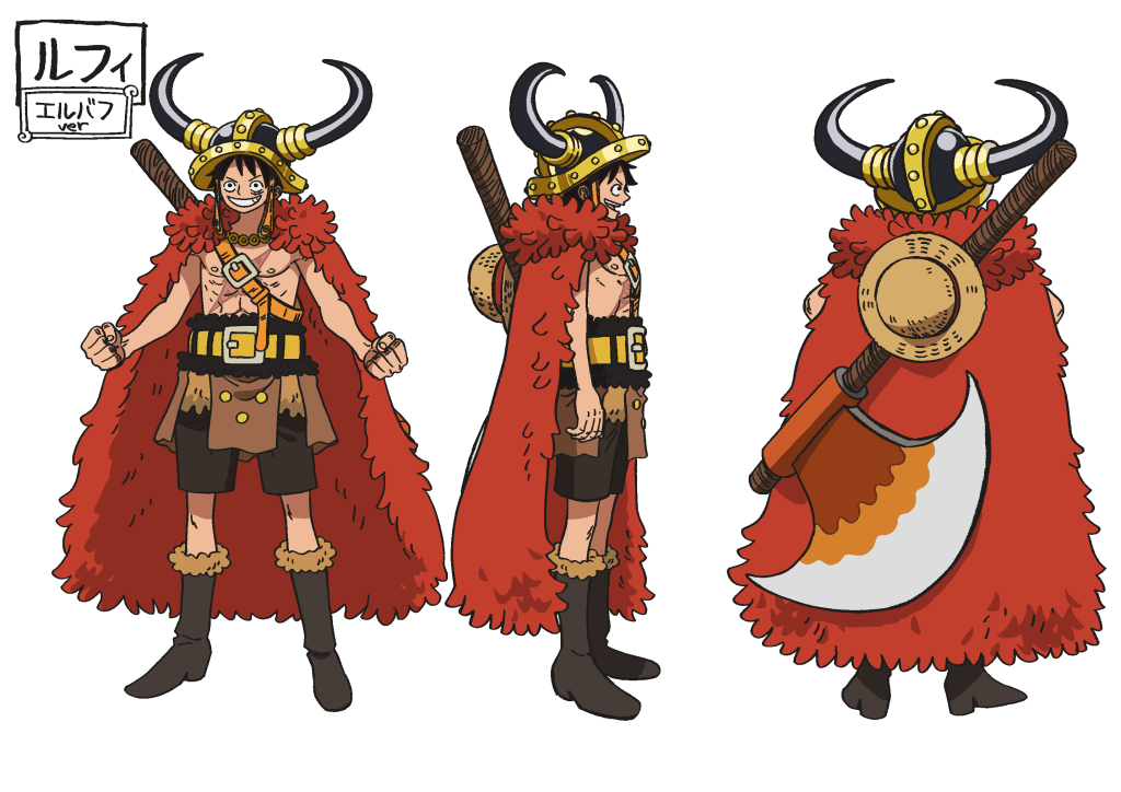 Character design of a character from One Piece, featuring a character in a horned helmet and a red fur cloak, posing from multiple angles.