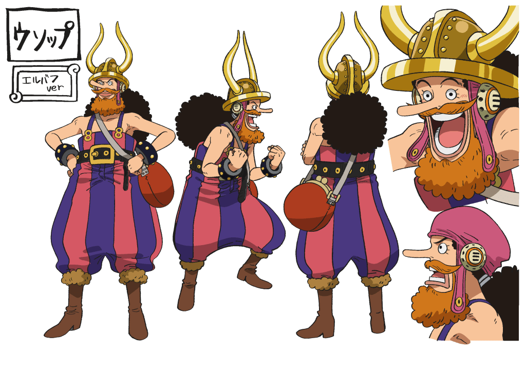 Design d'un personnage de l'anime One Piece, nommé Ussop, dans une version Elbaf, avec un chapeau à cornes et des vêtements colorés.